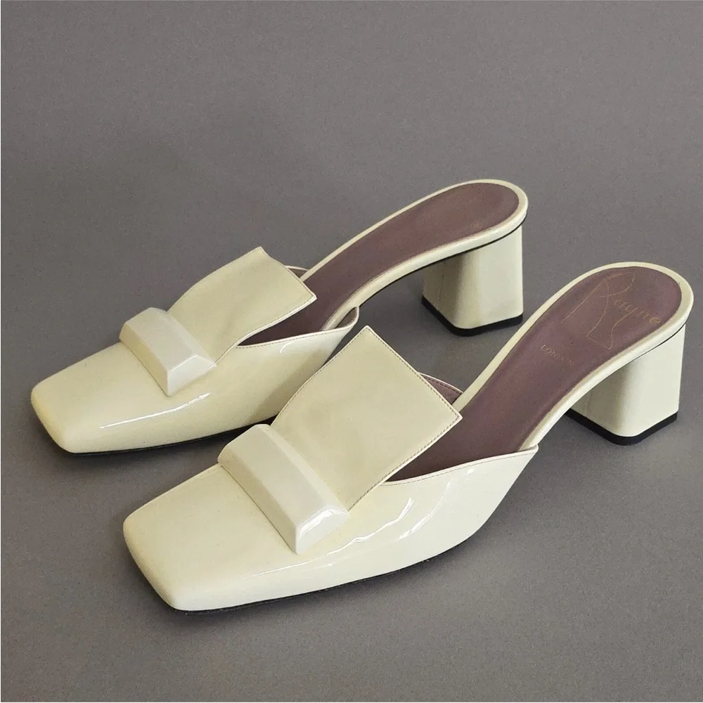 Rayne London pale creamy yellow square toe mules